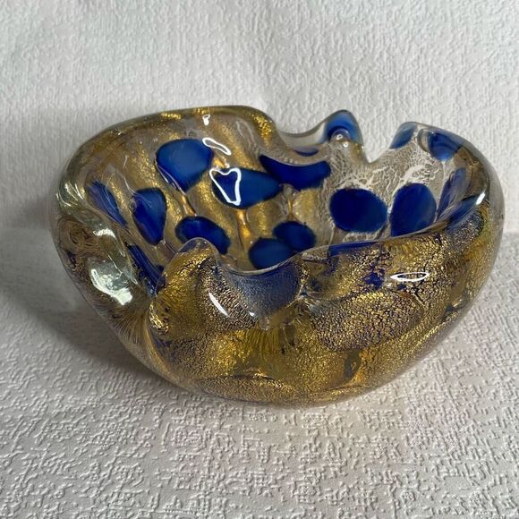 Vintage 1950s Vibrant Cobalt Blue and Gold Murano Ashtray Bowl by Barovier and T - Picture 2 of 11